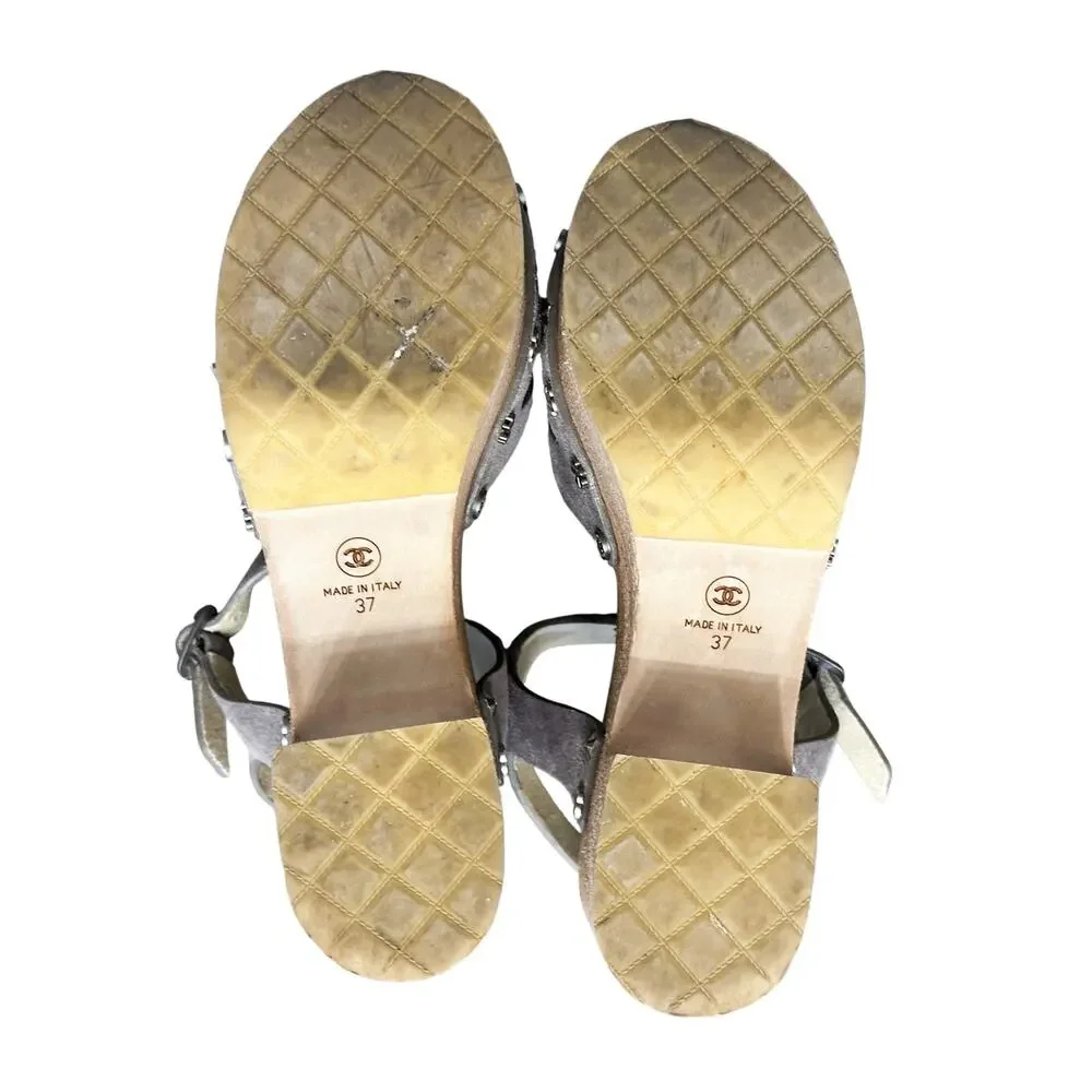 Chanel Lucky Charms Gray Suede CC Wood Platform Sandals Heels Size 37